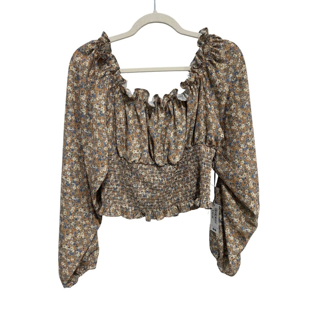 Beyond The Radar Floral Blouse Size Large Smocked Long Sleeve Ivory Poppo NEW